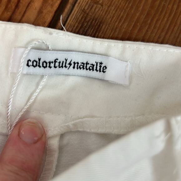 Colorful Natalie White boot leg mid rise Pants with Pink Flame Design - Picture 5 of 8